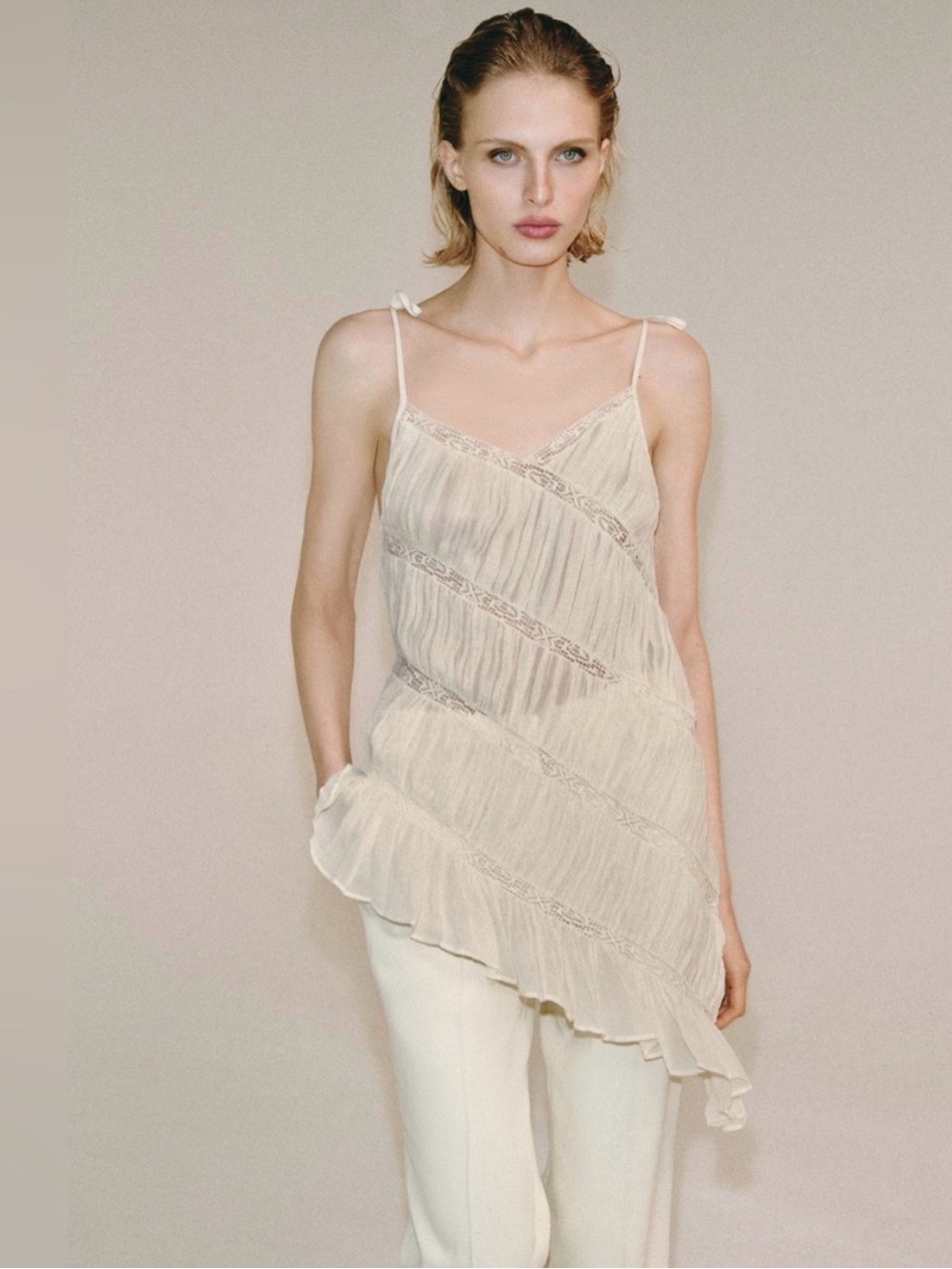 Zara Cream Sheer Lace-Trim Asymmetric Top